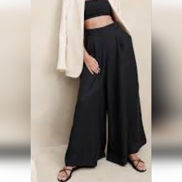 Banana Republic Lenin Blend Black Ultra Wide Lina Palazzo Pants Pocket Sz 8 New - Picture 3 of 16